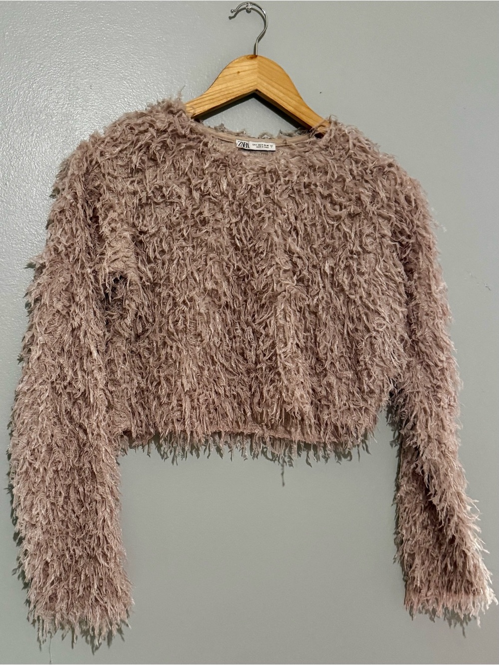 Zara Fuzzy Teddy Blush Cropped Crewneck Sweater in Taupe